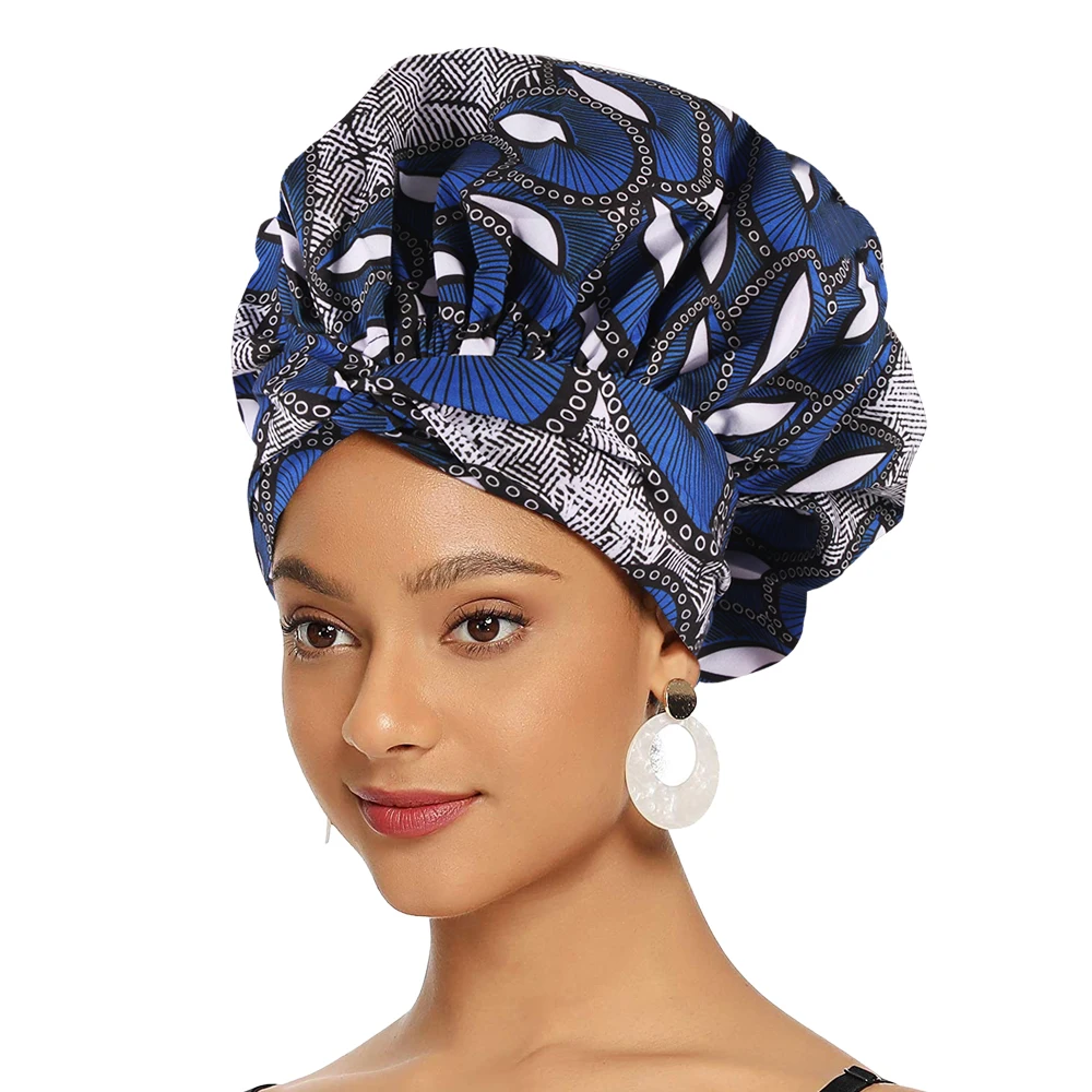 

New Satin Print African Hat Women's Wrap Head Scarf Muslim Turban Bonnets Double Layer Silk Sleeping Cap