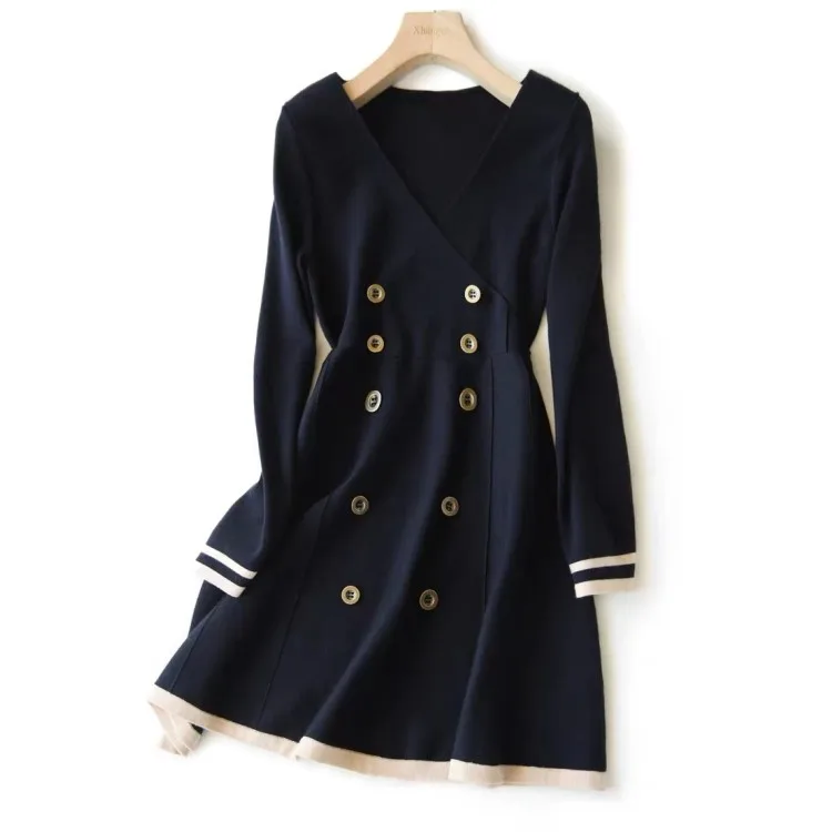 

Newest 2021 Runway Women V-Neck Knitted Dress Korea Women's Double Breasted Elastic Waist Ladies Sweater Short Dress Vestidos
