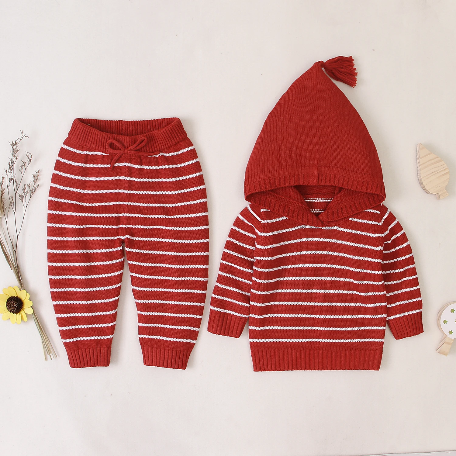 

0-3T Toddler Kid baby Boy Girl Kintted Clothes set Long Sleeve Hooded Striped Sweater Top and Pant suit Cute Winter Warm Outfit