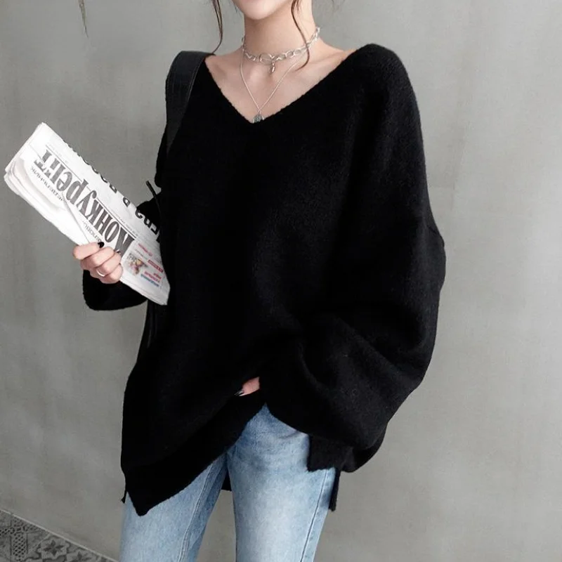 

2021 V-Neck Warm Solid Color Casual Loose Pullovers Top Womens Knitted Sweaters Autumn Winter Long Sleeve Clothes for Women