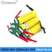 turmera new 18650 he4 2500mah battery 20a with welding nickel for 12v 14 4v 18v 21v 25v electric drill screwdriver batteries use