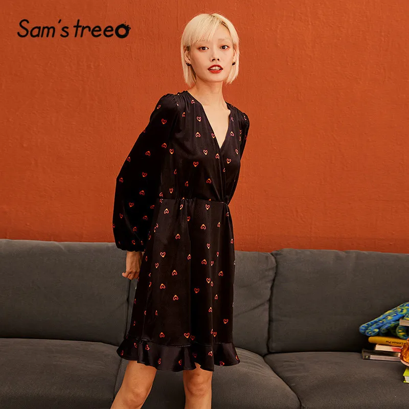 SAM'S TREE/черные однотонные бархатные женские платья с принтом Love, зимнее повседневное офисное Повседневное платье с длинным рукавом-фонариком для девушек