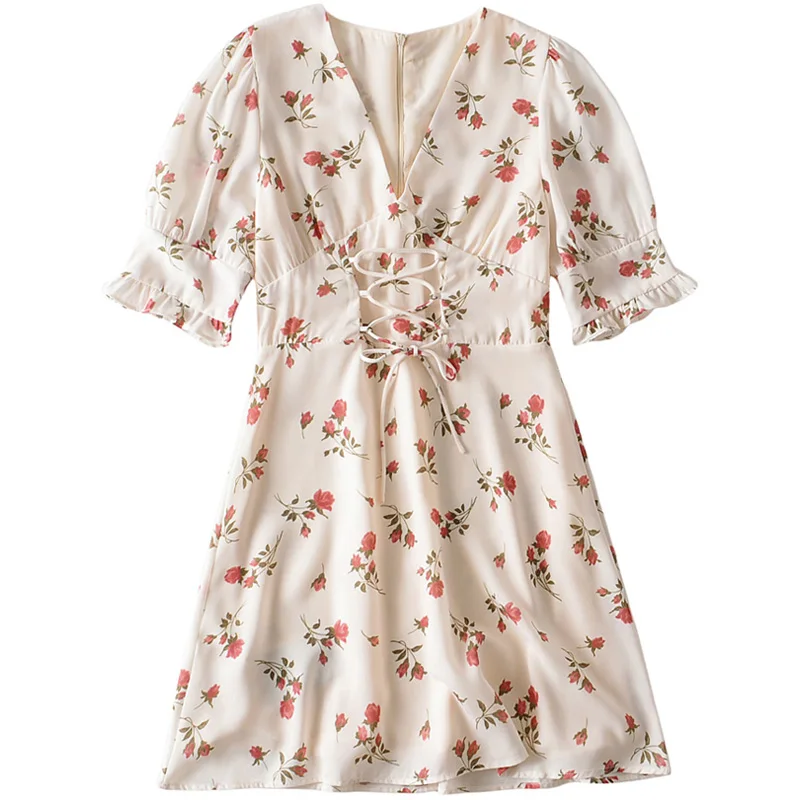 

French Minority Design Summer New Women's Scheming Lace-up Waist-Controlled Slimming Dress Flower Print Puff Sleeve Skirt