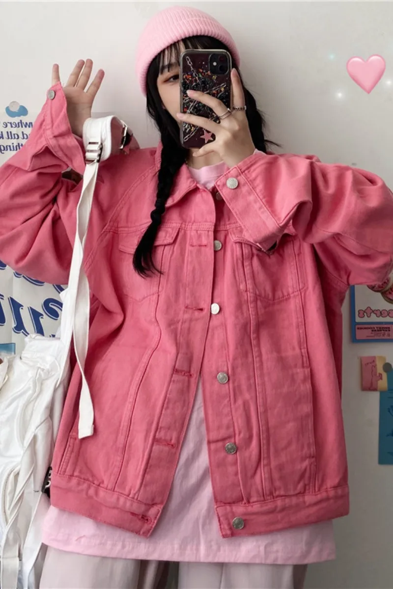 

Solid Pink Jacket 2021 New Female Spring Denim Jacket Loose BF Single Breasted Jeans Coat Pockets Fashion Plus Size
