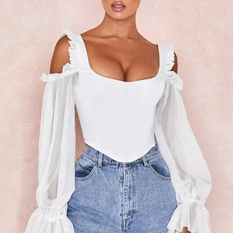 Осенняя женская блуза женские белые блузки сексуальная однотонная блузка с