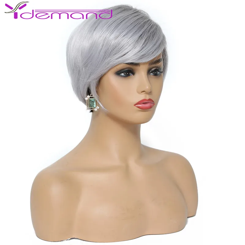 Y Demand 5.5 Inch Short Pixie Cut Wig Ombre Grey Straight Color Synthetic Hair Wigs Fashion Style For White Women Cosplay Wigs