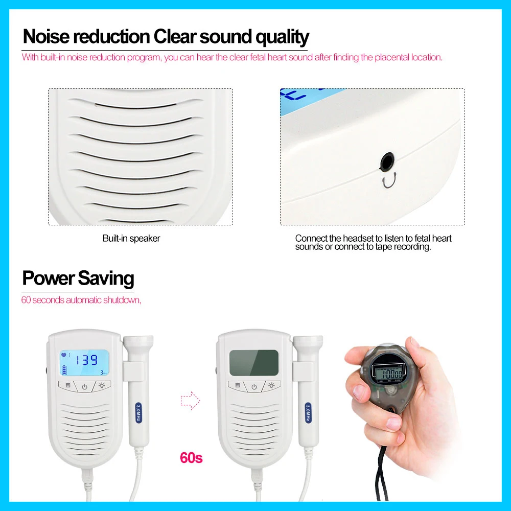 

New design Fetal Doppler Baby Heartbeat Monitor Household Health Large LCD Backlight CE FDA Approved 3M Probe JPD-100S6II