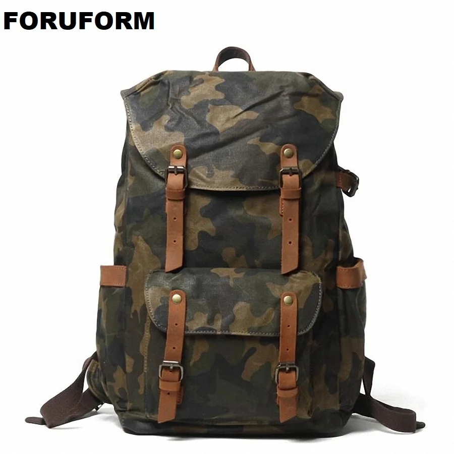Vintage Leather Backpacks for Men Laptop Daypacks Waterproof Canvas Rucksacks Large Waxed Mountaineering Travel Pack