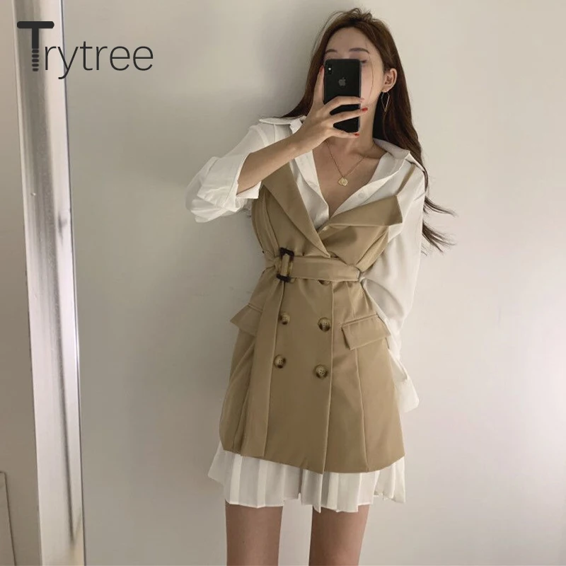 Осенне зимний комплект из двух предметов Trytree Повседневная Блузка с отложным