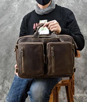 mens crazy horse leather briefcase with double pc pocket genuine leather laotop handbag leather business bag 2 use shoulder bag