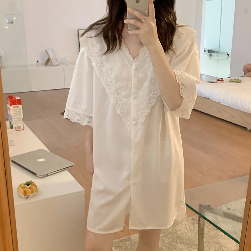 

Sexy Lace V Neck Night Dress Women Short Sleeve Chiffon Ice Silk Sleepwear Sweet Summer Nightgowns Loose Ladie's Nightshirt