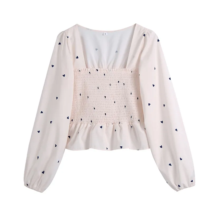 

New summer 2021 European and American love print temperament square collar bubble sleeve elastic flounce shirt