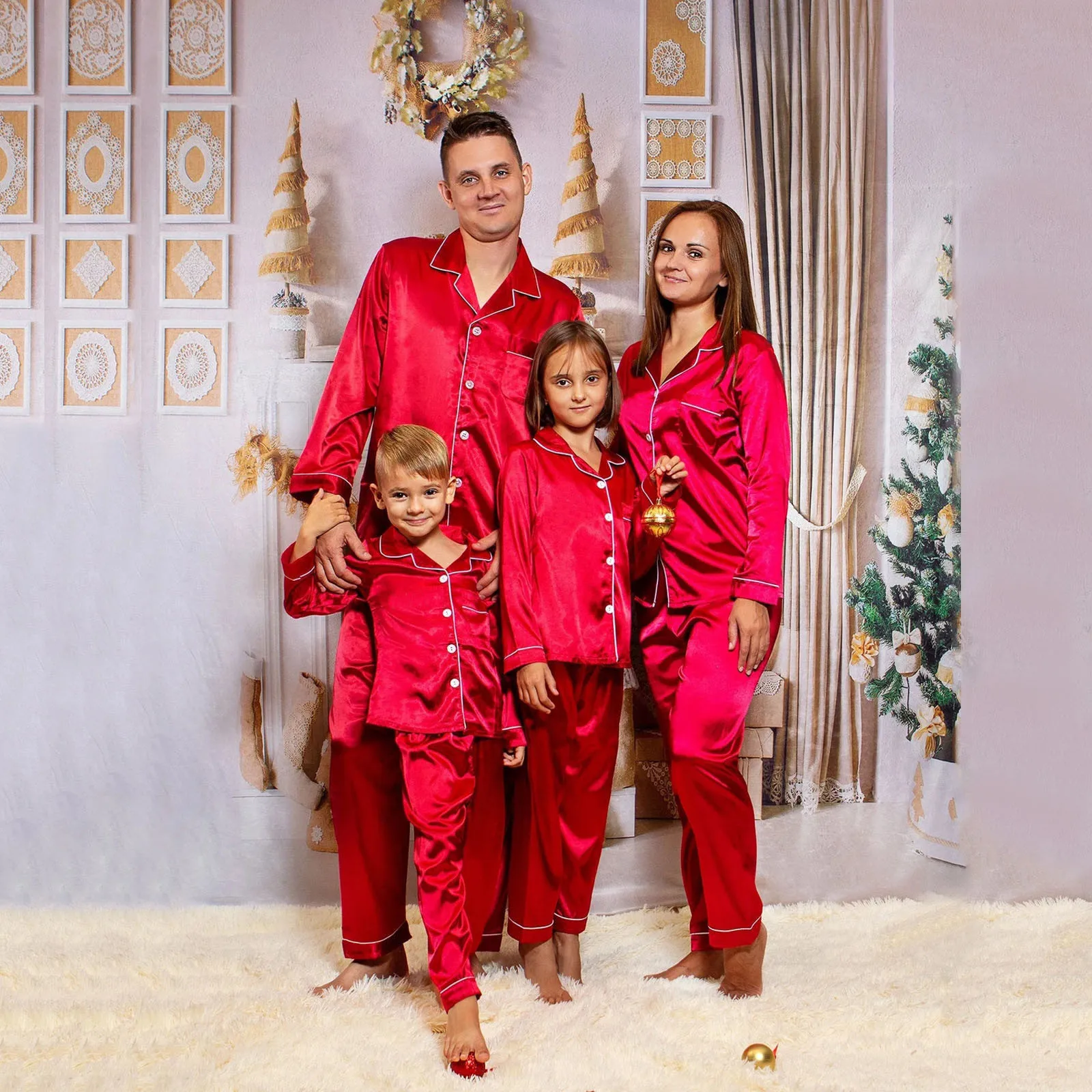 

Xmas Christmas Pajamas for Families Satin Pajamas PJ's Solid Family Matching Sleepwear Pants Set 2021 Comfortable Family Look