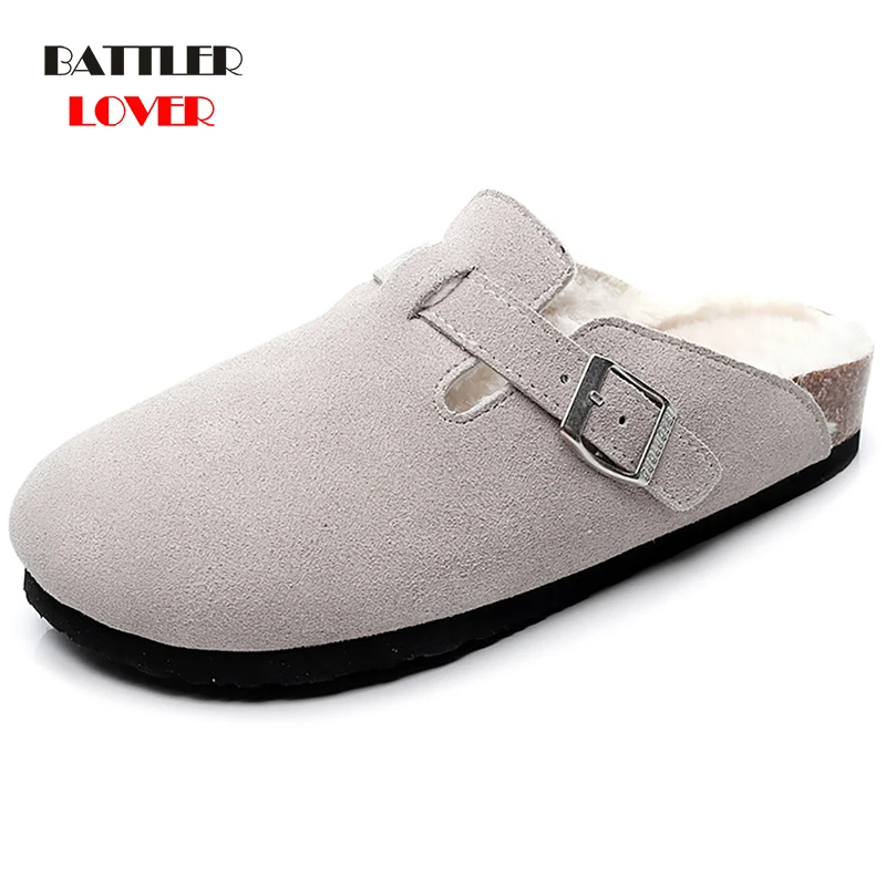 

Winter Warm Soft Cork Slippers For Women 2021 Wool Plush Buckle Genuine Cow Leather Closed Toe Slides Female Slip On Home Shoes