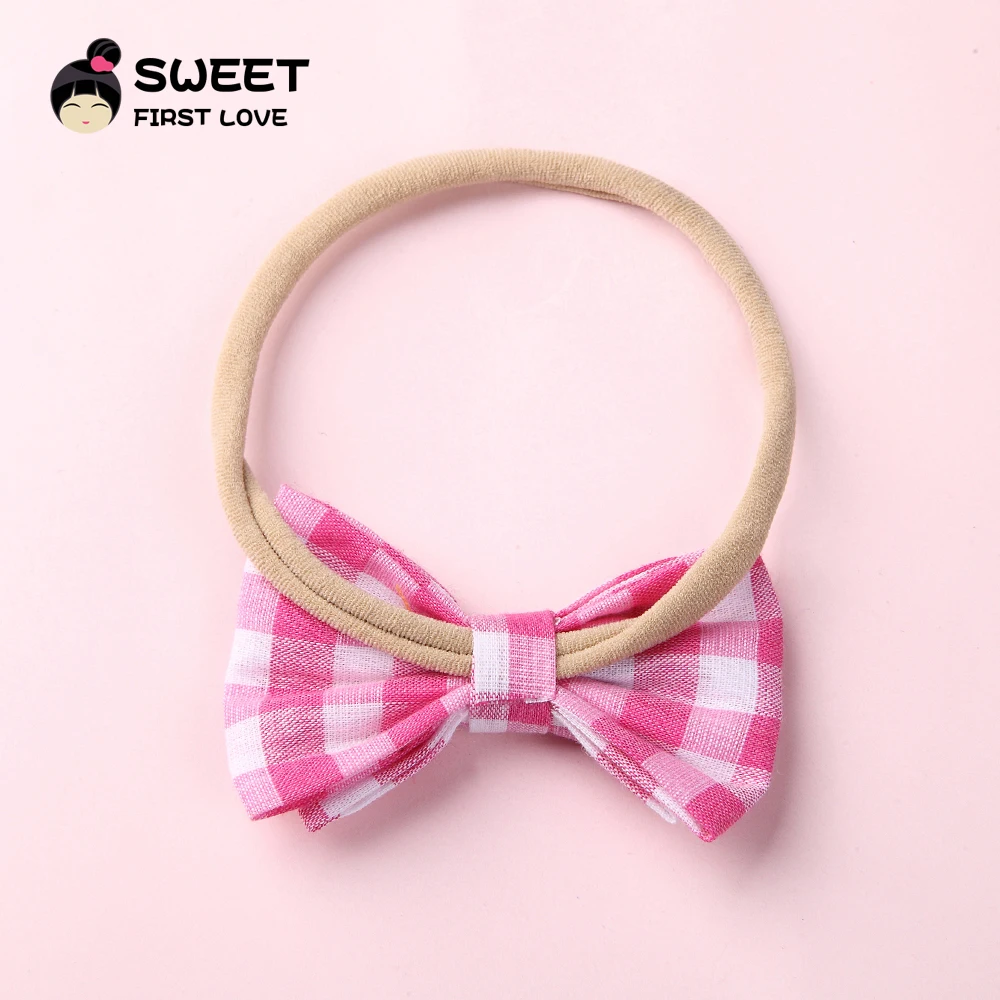 Нейлоновая повязка на голову с тканевым клетчатым бантом для маленьких девочек