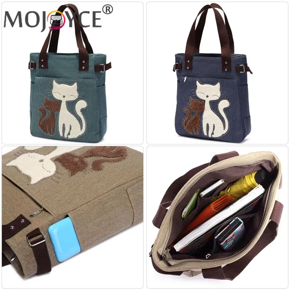 Холщовая женская сумка с мультяшным принтом кошки милая дамская сумочка-тоут