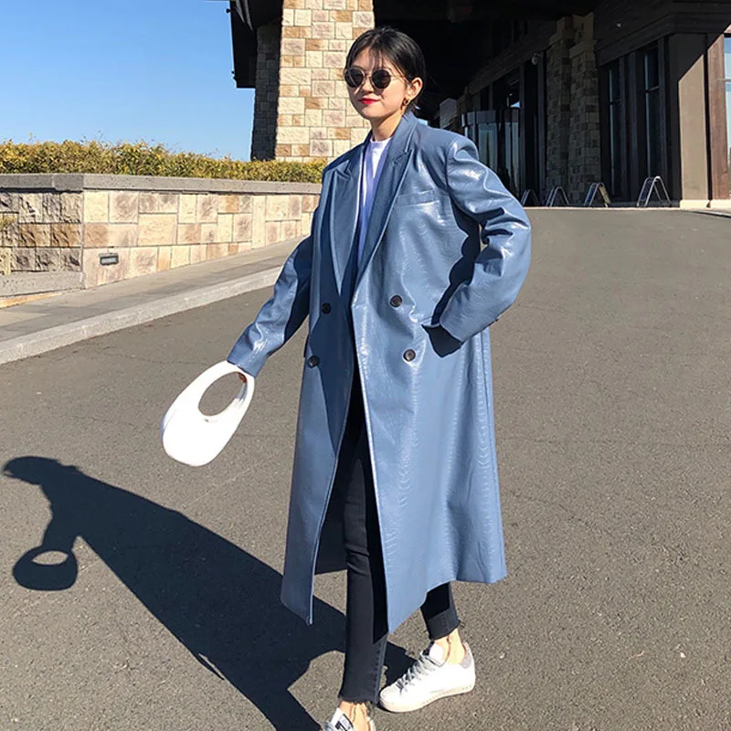 

Новинка 2022, уличная одежда, длинный стильный яркий плащ из искусственной кожи, Женская ветровка, кожаная верхняя одежда