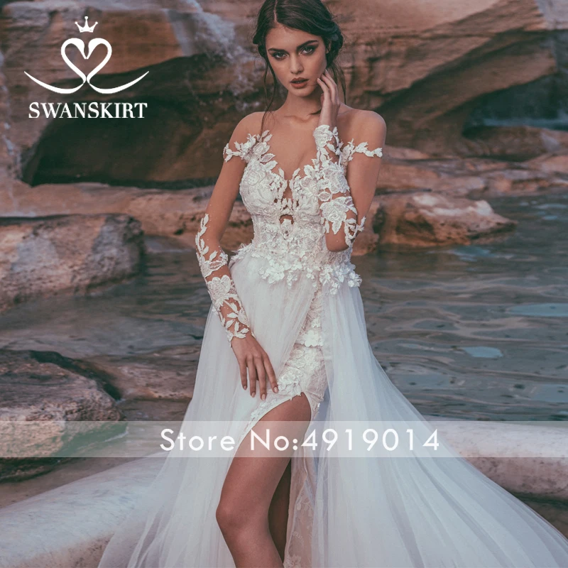 Vintage Sweetheart Wedding Dress Swanskirt Appliques A-Line Long Sleeve Chapel Train Bride Princess robe de mariee H123