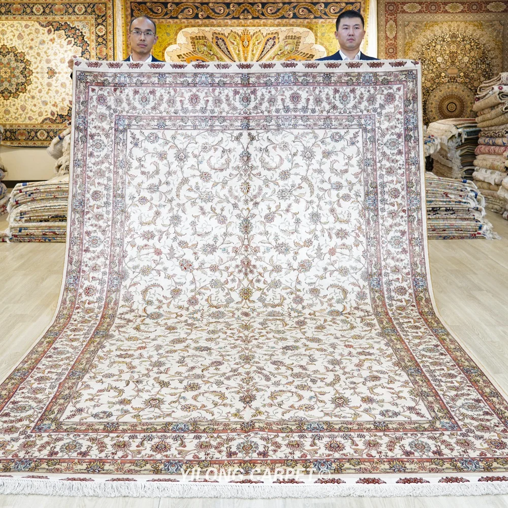

Yilong 6.56'x9.84' Tabriz silk rug beige vantage antique handmade oriental carpet (HF375H)