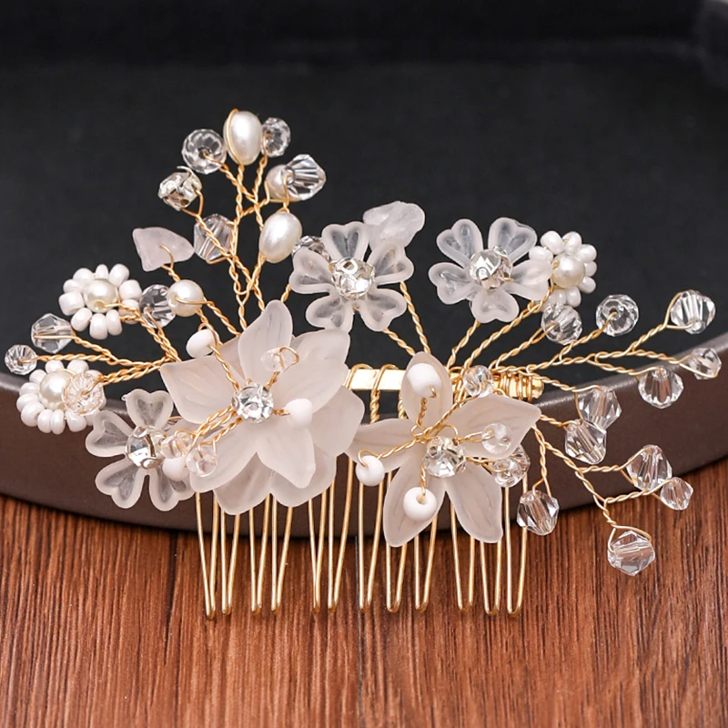 

Handmade White Flower Bridal Hair Comb Wedding Hair Accessories Bridal Tiara Pearl Wedding Hair Comb Head Ornaments Headpiece