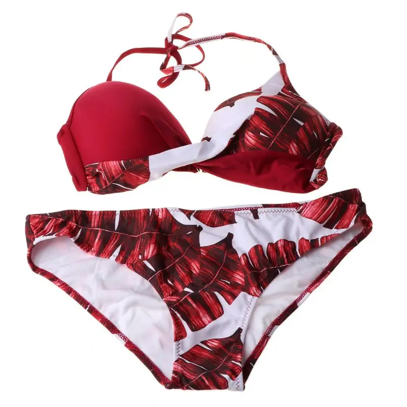 

Women Sexy Bikini Halter Push Up Padded Twist Swimsuit Tropical Leaf Beachwear