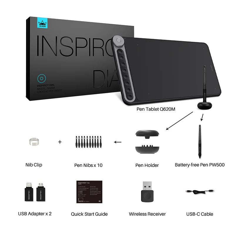 Графический планшет Huion Inspiroy Q620M, беспроводная цифровая ручка для рисования, планшет+ набор 8 программируемых нажатых клавиш, 8192 уровней давления