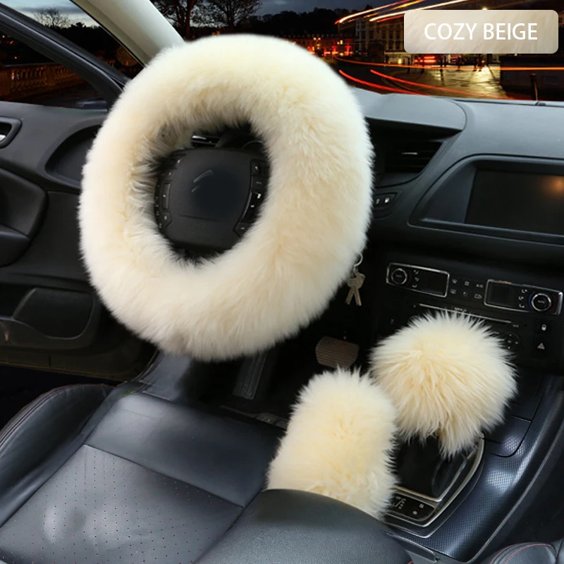 Beige 3 шт. автомобиль из искусственной шерсти руль Зимний теплый плюшевый чехол крышка авто руль чехлы протектор Декор Аксессуары - Название цвета: Beige