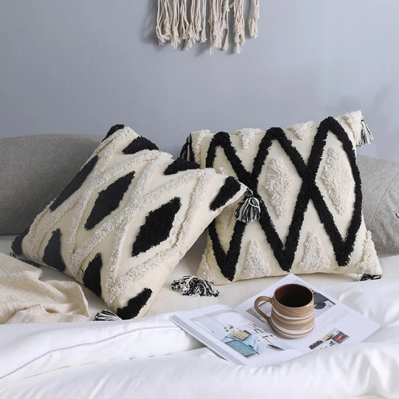 

Boho Nordic Woven Tufted Throw Pillow Case Morocco Black White Plaid Striped Tassels Decorative Cushion Cover for Sofa