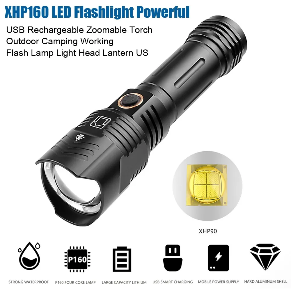 

XHP160 LED Flashlight Powerful USB Rechargeable Zoomable Torch Outdoor Camping Working Flash Lamp Light Head Lantern US