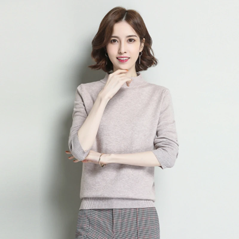 

Pullovers Tops Spring Autumn 2020 New Half-high Collar Pullover Sweater loose short knit bottoming Tops Solid color shirt L247