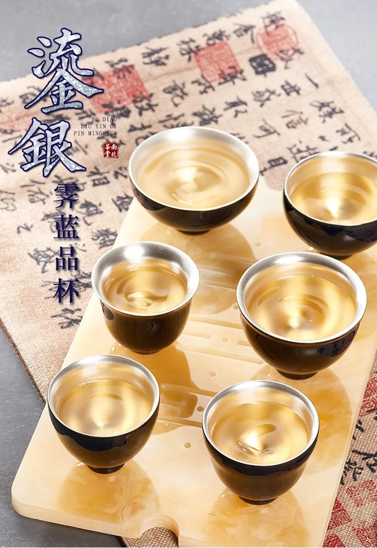 

Silver teacup liner sterling silver tea set 999 silver cup Kung Fu ceramic tasting cup, 6 styles to choose from, blue glaze