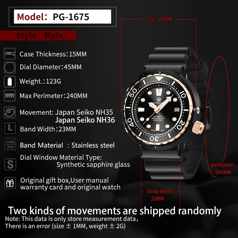 

PAGRNE DESIGN Mens Mechanical Automatic Watches Sapphire Luminous Ceramic Bezel 300M Waterproof Sports Watch Relogio Masculino