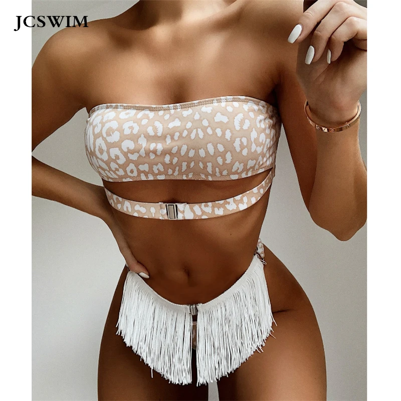 Женский леопардовый купальник GNIM бикини с пуш-апом и кисточками сексуальный