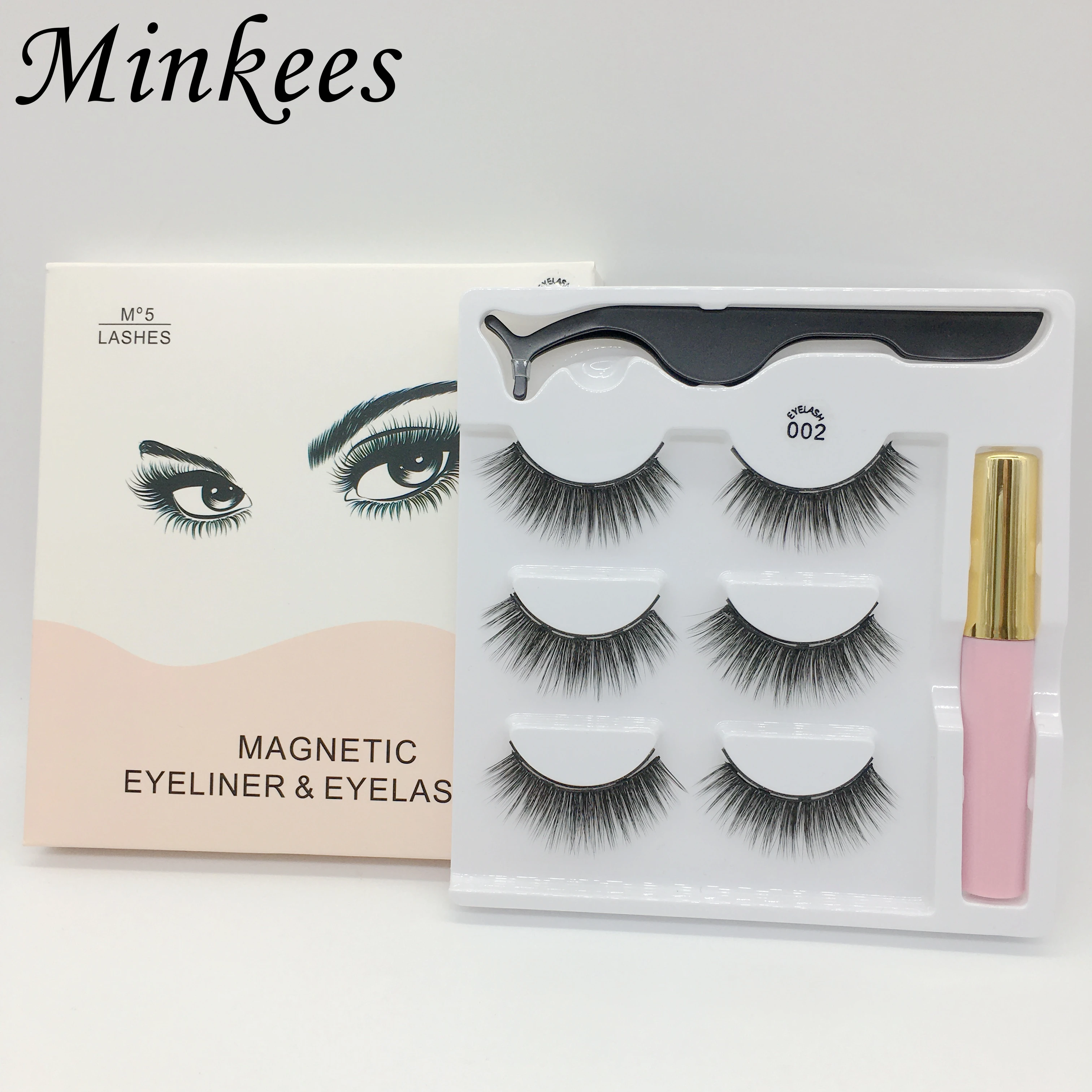 

3Pairs Magnetic Eyelash Eyeliner Set Wholesale Minkees Faux Mink False Eyelashes Tweezers Handmade Synthetic Fiber Lashes