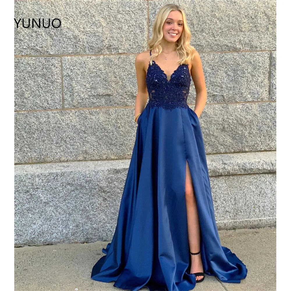 

YUNUO Sleeveless A-line Satin Prom Formal Dress Pockets robe de soiree Spaghetti Straps Beading Lace Women's Evening Dresses