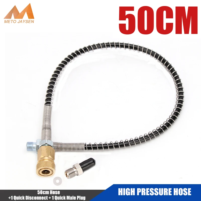High Pressure Hose M10x1 Thread Air Refilling 50cm Nylon Hose Wrapped with Stainless Steel Spring and Quick Connectors Fittings
