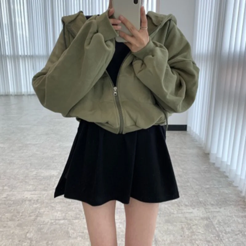 

Loose Patchwork Zipper Sweatshirts For Women Hooded Collar Long Sleeve Drawstring Sweatshirt Female Korean Fashion 2021 X671