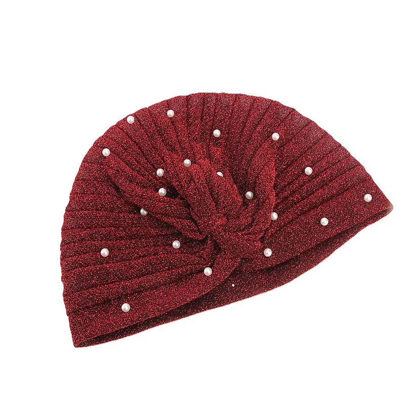 Женский Блестящий тюрбан шапка мусульманский хиджаб золотой Жемчуг украшенный