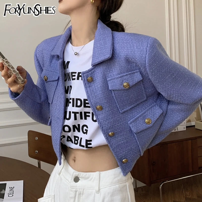 

Women Turn Down Collar Solid Cropped Jacket Buttons Up Warm Wool Blend Pockets Coat 2021 Autumn Winter Harajuku Cute Outwear