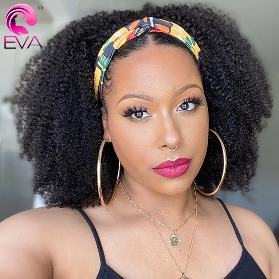 Eva Hair Afro Kinky Curly Wig Human Hair Headband Wig For Balck Woman Short Curly Human Hair Wig Machine Made With Headband Wigs