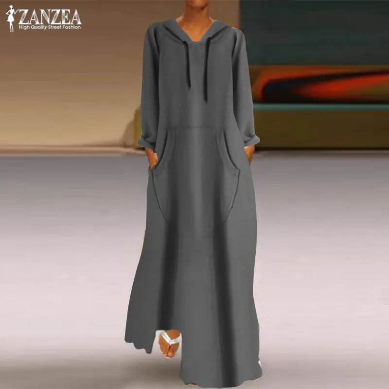 ZANZEA платье с капюшоном, толстовка, женские длинные флисовые платья с длинным рукавом, толстовки, Женские однотонные Длинные платья размера плюс, Plullovers
