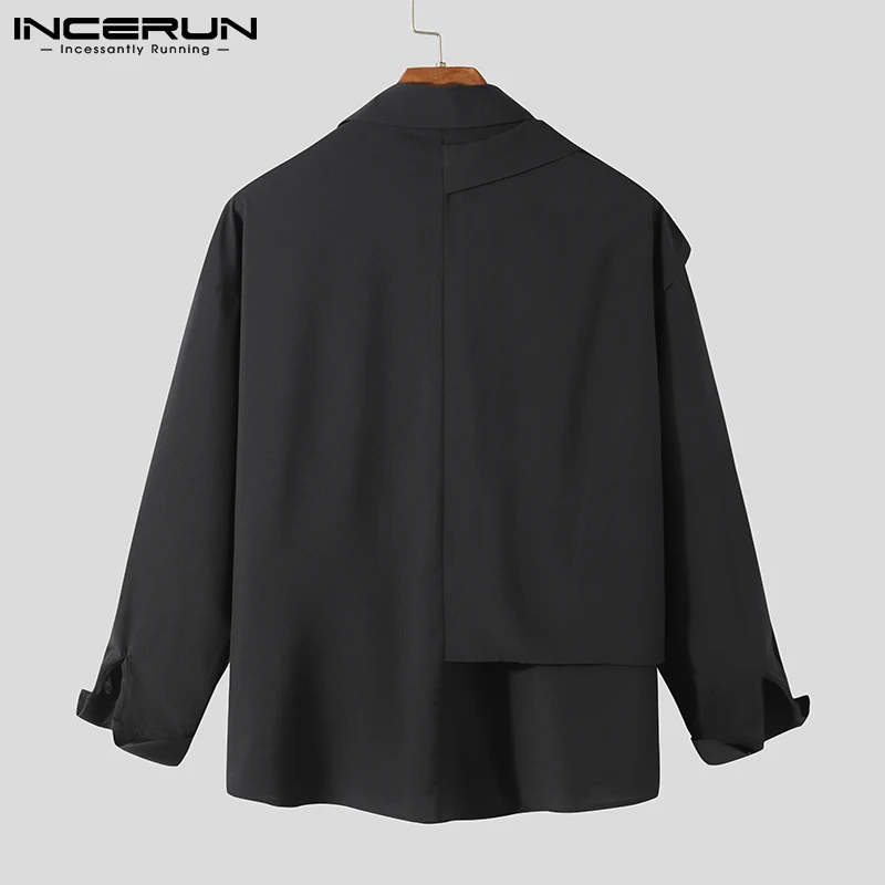 2022 Fashion Men Casual Shirt Lapel Patchwork Long Sleeve Button Zipper Streetwear Fake Two Pieces Tops Camisas S-5XL INCERUN