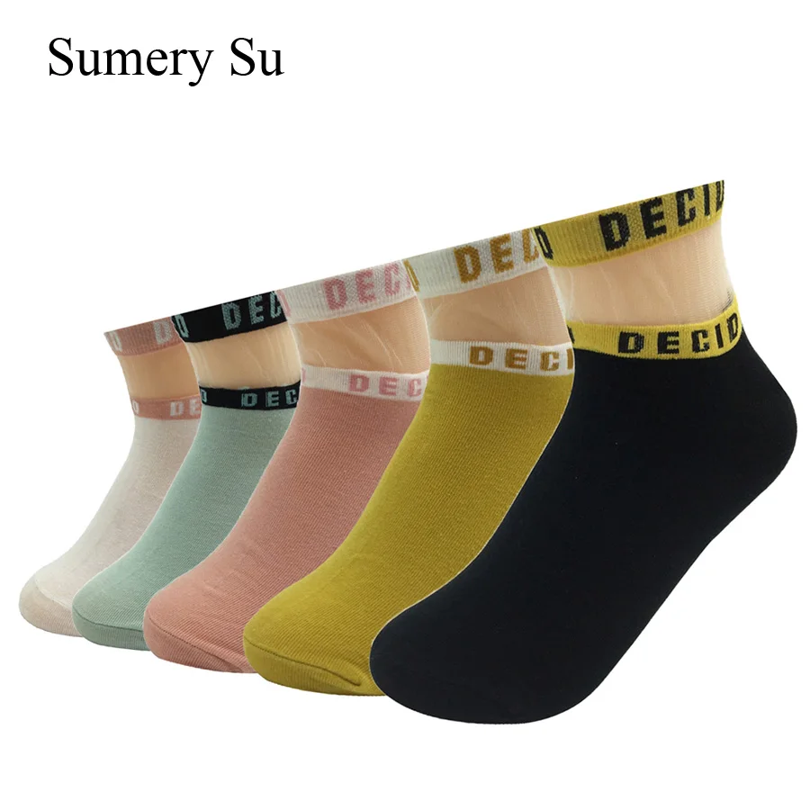 5 Pairs/Lot Socks Women Silk Letter Design Cotton Short Socks Girls 5 Colors