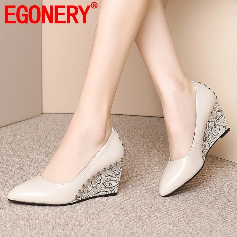 EGONERY Весенние новые модные женские туфли лодочки наружного освещения высокого на