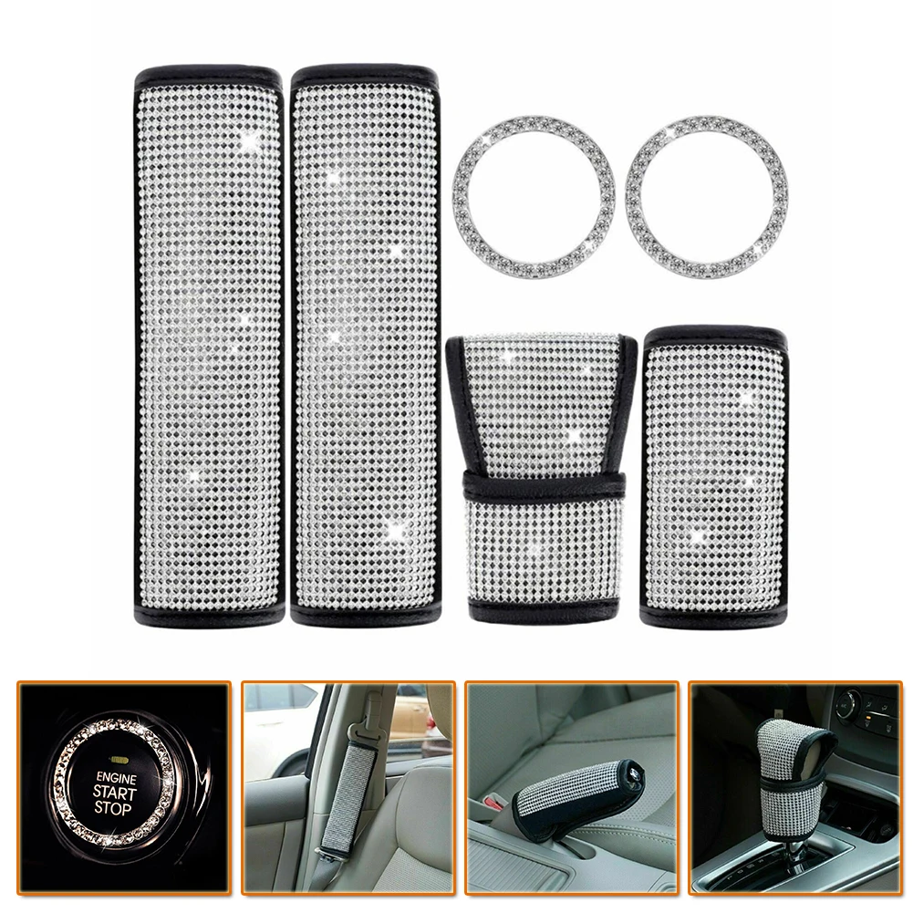

6pcs/set Car Diamond Shift Gear Knob Seat Cover Crystal Diamond Handbrake Cap Belt Cover Interior Accessories For BMW Ford Fiat