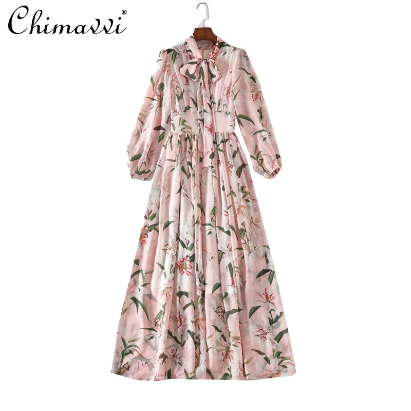 

Fashion Lily Floral-Print Dress Women 2021 Summer Bow collar Full sleeve dress slmming Elegant Vacation Chiffon Dresses
