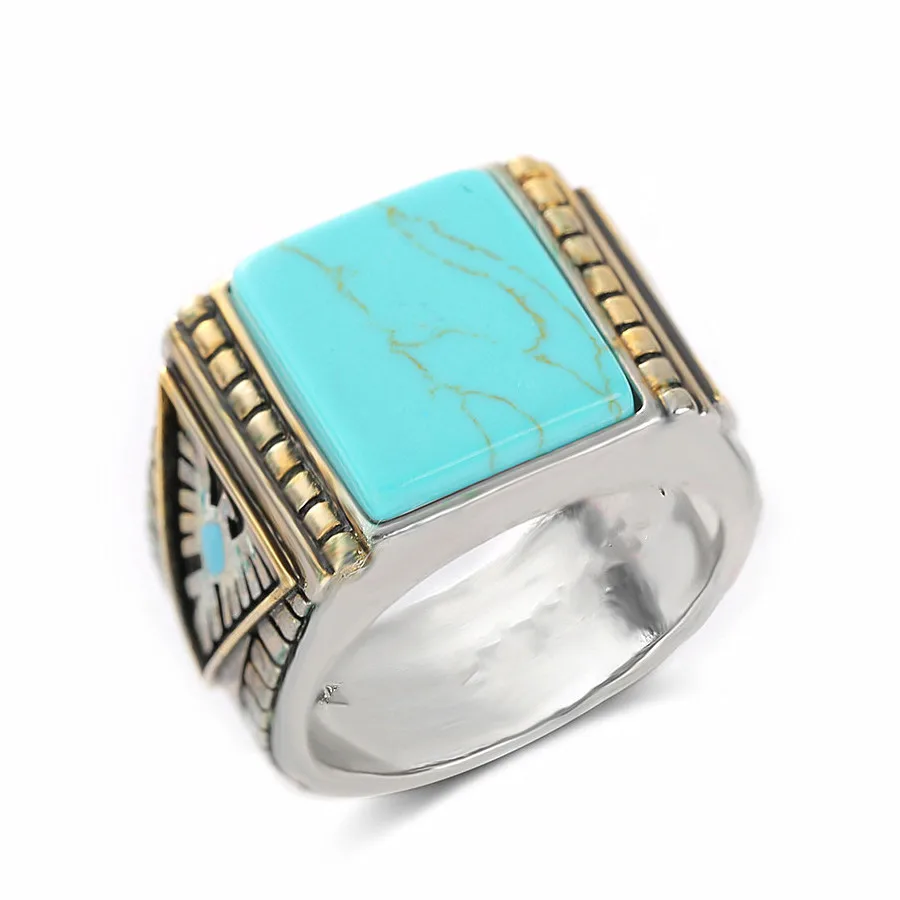 

Fashion Vintage Square Turquoise Stones Rings For Men Feather Carving Indian Accessories Jewelry Bague Masculine Cool Band Gift