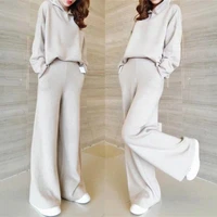 2020 autumn winter women solid color hooded pullover knit sweater casual wide leg pants fashion two piece set