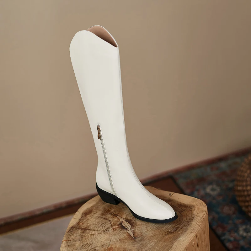

Sexy Med Heels Boots Genuine Leather Boots 2021 Autumn Winter Pointed Toe Knee High Boots Band Design Night Club Shoes Woman