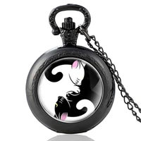 classic black cat and white cat glass cabochon quartz pocket watch vintage men women pendant necklace chain clock